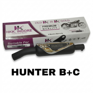Matte Black and Chrome Exhaust Silencer for Royal Enfield Hunter 350 by SSM Moto featuring HKK Indore packaging