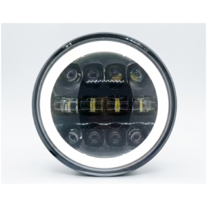 Professional 12 LED Bamboo style round projector headlight with white ring DRL on plain white background.