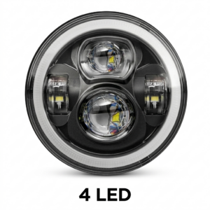 Professional 4 LED round projector headlight with white background for car and bike.