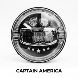 Captain America edition round LED projector headlight with star DRL on professional white background.
