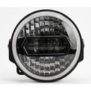 Professional Diamond cut edition round LED projector headlight with crystal DRL on plain white background.