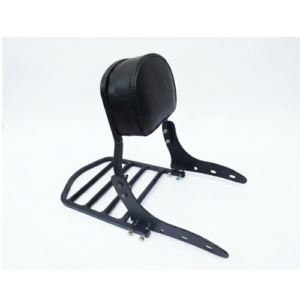 Heavy duty black backrest with luggage carrier for Royal Enfield Classic 350 motorcycle.