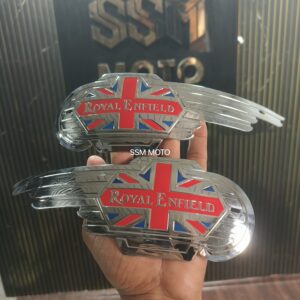 Royal Enfield Chrome Winged Fuel Tank Badges with Union Jack Design -Set of 2