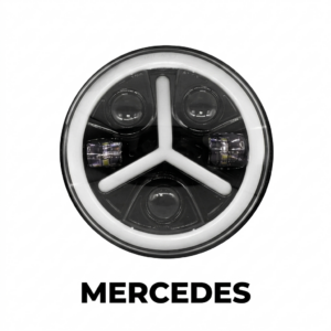 Mercedes style round LED headlight with white DRL for cars and bikes on plain white background.