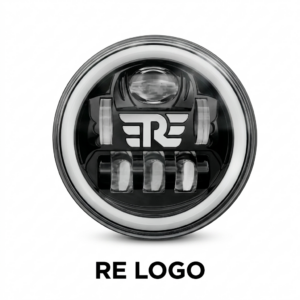 RE Logo LED Headlight with Winged Emblem for Royal Enfield Classic 350 and Bullet SSM Moto.