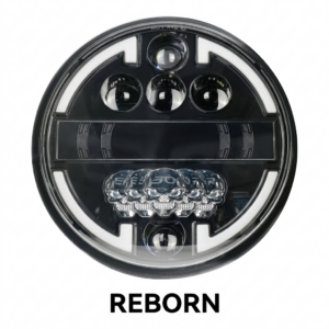 REBORN Edition LED Projector Headlight with Skull Emblem and Segmented DRL for Royal Enfield Classic 350
