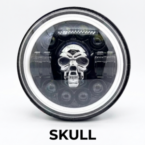 SKULL Chrome Emblem LED Projector Headlight with White Ring DRL for Royal Enfield