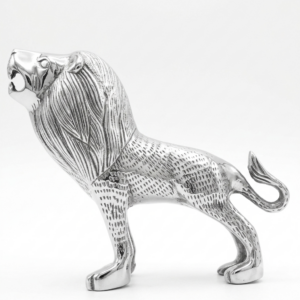 Hand-finished chrome standing lion figurine with intricate mane details on a plain white background.