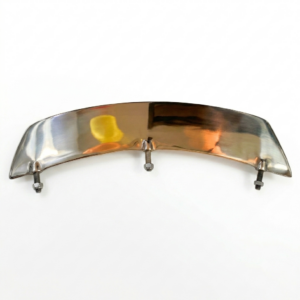 Polished brass curved hardware plate with three threaded mounting bolts, isolated on a plain white background."