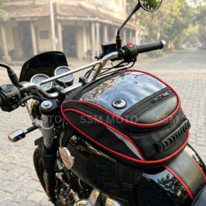 Spacious interior of SSM Moto motorcycle tank bag for daily essentials.