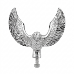 Chrome-plated eagle hood ornament with spread wings and threaded mounting bolt, isolated on a plain white background