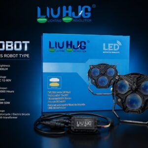 LIU HJG 3 lens robot LED headlight for motorcycle and electric bike, 4800LM brightness, 48W-50W power, dual color beam, SSM MOTO lighting solution.