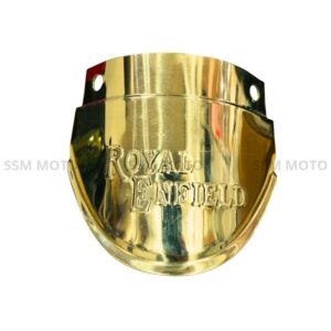 A polished, gold-colored brass front mudguard (fender) flap featuring the embossed "ROYAL ENFIELD" logo.
