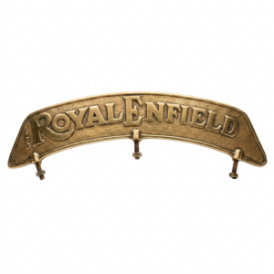 Vintage style Royal Enfield brass nameplate badge with textured gold finish and three mounting studs on white background.