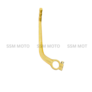 A polished, gold-colored brass motorcycle kick starter lever with a splined mounting hole and textured grip end.
