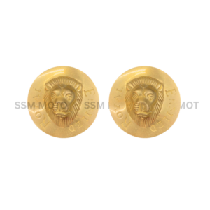 Two matching, circular brass emblems featuring an embossed lion's head in the center and the text "ROYAL ENFIELD" inscribed around the perimeter.