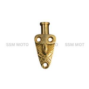 A polished, gold-colored brass motorcycle fender ornament shaped like an arrowhead, featuring intricate etched patterns and three mounting holes.