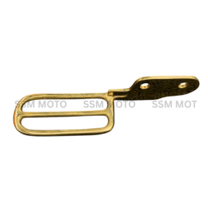A polished, gold-colored brass motorcycle footrest or bracket attachment featuring a looped frame design and a mounting plate with two holes.