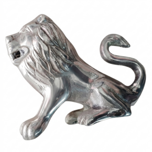 Detailed high-polish sterling silver lion statue on a plain white background, showing detailed craftsmanship.