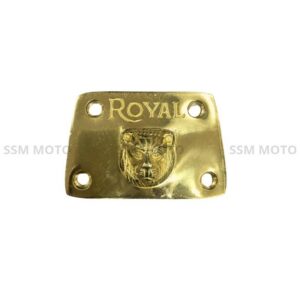 Polished brass tapped plate with lion design for Royal Enfield UCE engine.