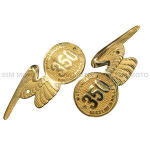 Pair of SSM MOTO premium brass "Made Like A Gun" 350 wing-type tool box badges for Royal Enfield.