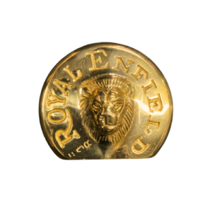 Royal Enfield brass emblem with lion motif, custom motorcycle metal badge for Royal Enfield.