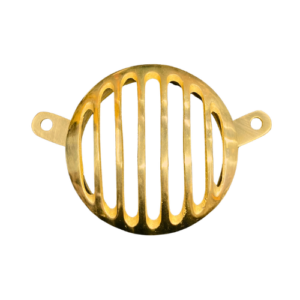 Brass motorcycle headlight grill cover with a classic vertical slat design.