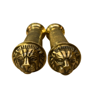 Pair of SSM MOTO premium brass motorcycle handle grips featuring an embossed lion head design.