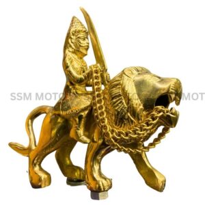 A polished, gold-colored brass statue of Chhatrapati Shivaji Maharaj riding a lion, with the warrior holding a sword and a decorative chain draped across the lion