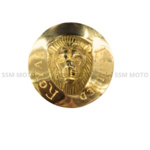 Polished brass axle nut cover with embossed Royal Enfield lion emblem for motorcycle wheels, classic vintage style bike accessory.