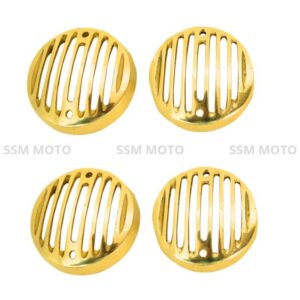Set of 4 vintage style brass motorcycle indicator light covers grille guard.