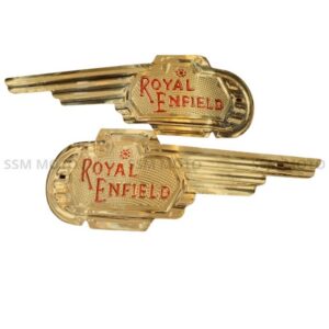 SSM MOTO premium brass Royal Enfield tank emblem set for motorcycle fuel tank customization.